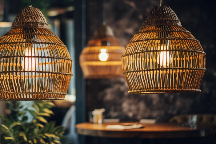 Three rattan pendant lamps with visible light bulbs in cafe