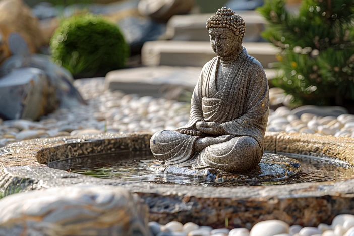 Statue of a seated Buddha in a small pool on a stone-lined garden pathway