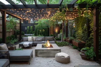 Minimalist modern lounge set and pillows under a pergola with hanging lights around a rectangular fire table