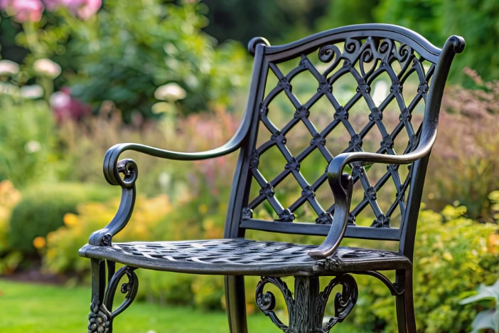 Black wrought iron armchair in a lush garden