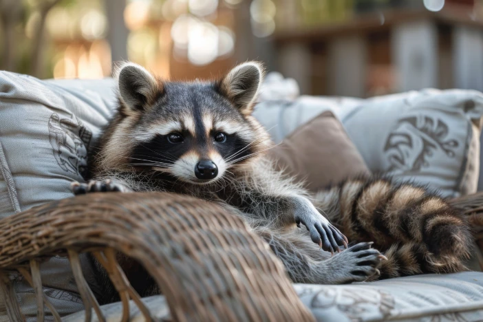 Raccoon laying on a dark brown outdoor wicker chair with grey cushions