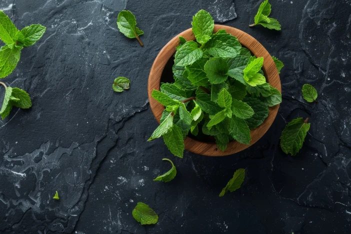 Bright green mint leaves in a wooden bowl on a black slate tabletop