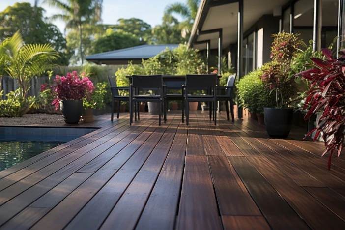 Low angle of ipe hardwood deck of a modern design home with pool and lush landscaping