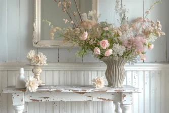 Vintage room with country-style wall, vintage mirror and weathered white console table with vase of pink flowers