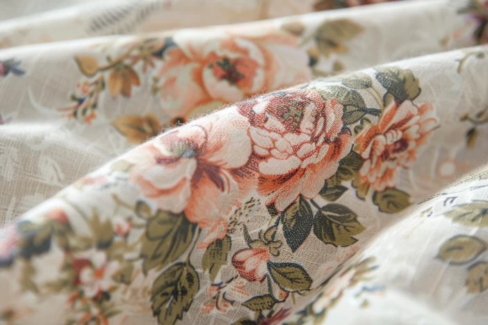 Details of light fabric folds with floral design of peach-colored flowers and green leaves