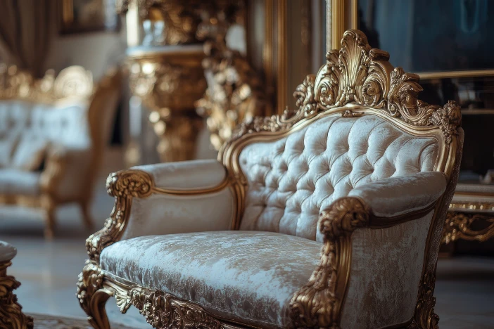 Ornate armchair with gilded gold cabriolet legs and detailing with satiny upholstery and tufted back in a lavish Baroque sitting room