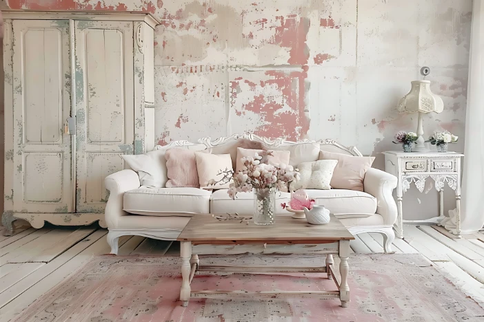 Living room with distressed white and pink walls, shabby chic cupboard, sofa and accent tables