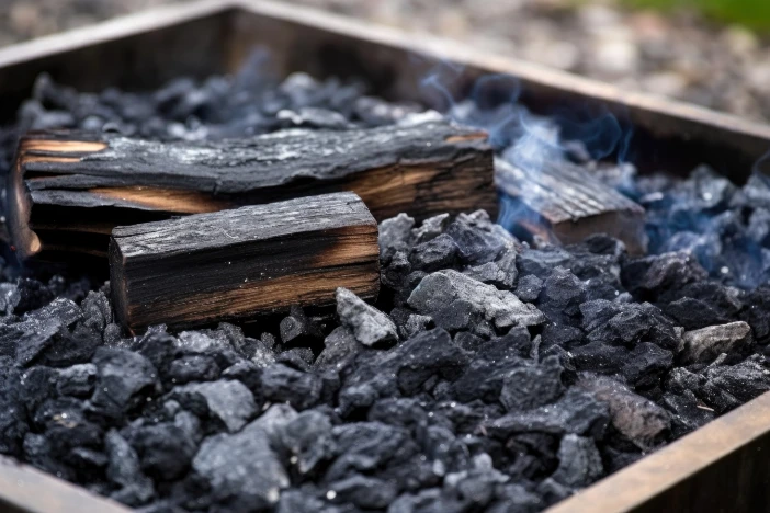 Close-up of charred wood and ashes in a square fire pit