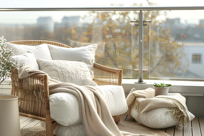 Light brown rattan lounge chair with ample white cushions and beige throw blanket on a modern patio balcony