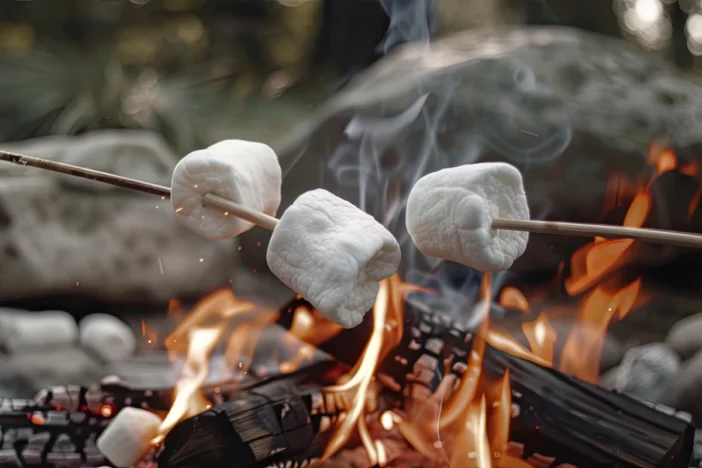 Marshmallows on wooden sticks toasting over flames of a traditional campfire