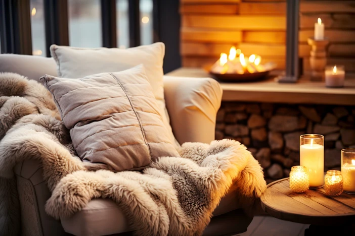 Plush upholstered lounge chair with furry throw blanket and pillows next to a wooden side tables with candles