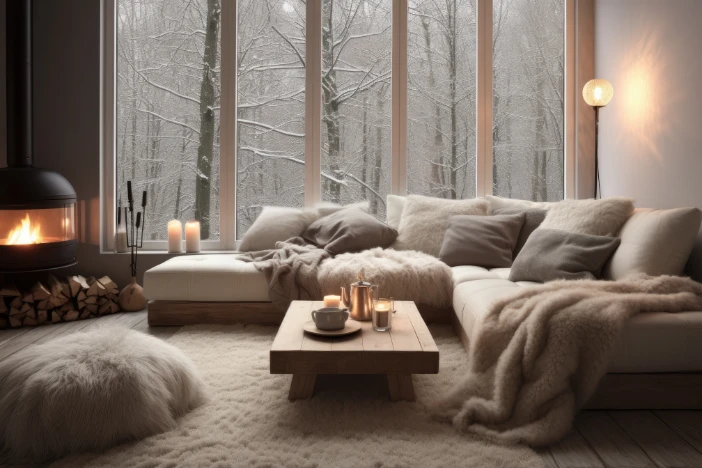 Cozy living room with roaring fire, plush textured pillows, blankets and sofa in a light beige and cream palette with a snowy forest outside the window