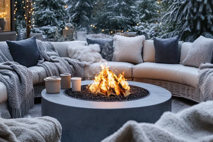 Round fire pit table surrounded by a wicker sectional sofa with blue throw blankets and pillows during the winter