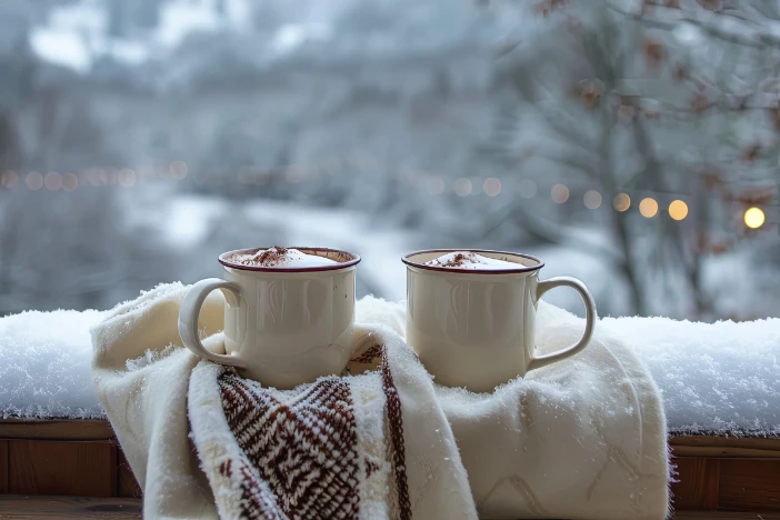 Two white ceramic cups of hot chocolate resting on a snowy hardwood deck ledge