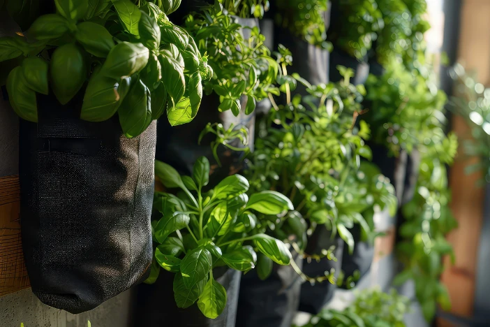 Wall-mounted black sack herb garden with green leaves on a sunny day