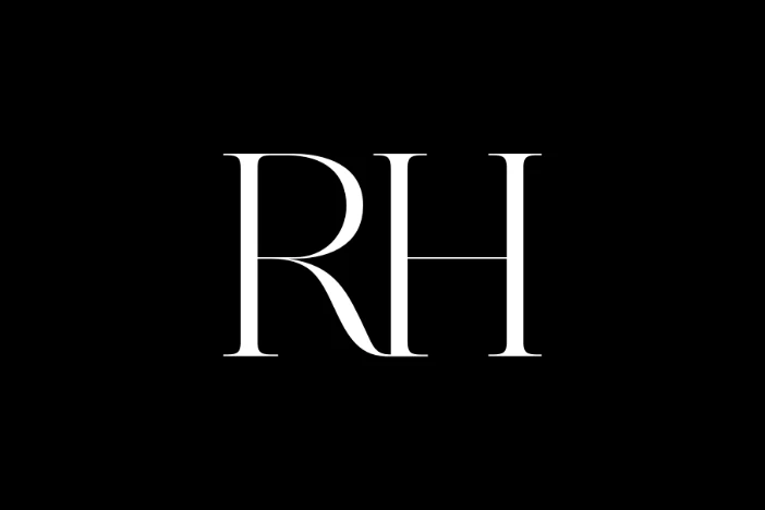 White capital R and H letters in serif font on black background