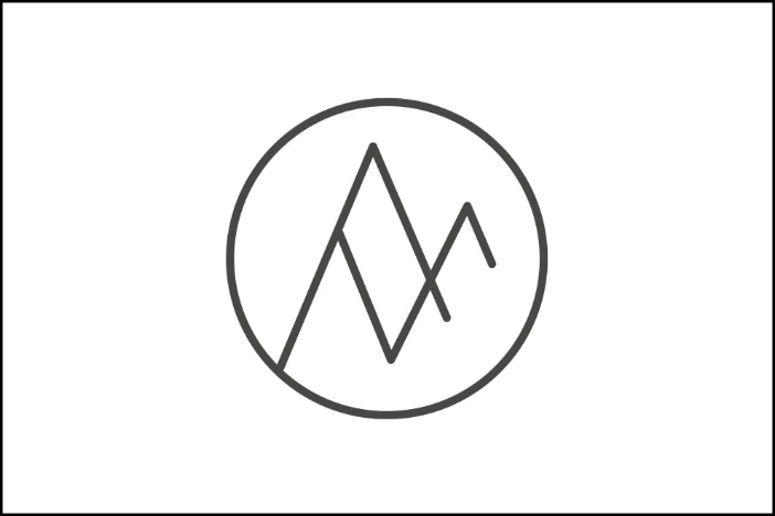 Dark grey outlined circle with abstract mountains on a white background