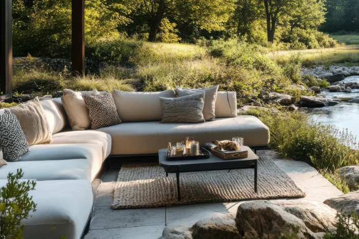 Pastoral backyard patio with plush cream colored sectional with a square coffee table on a small jute outdoor accent rugs