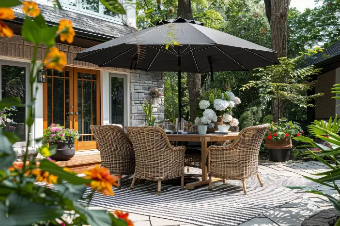 Brown wicker dining armchairs around a wooden table with a black market umbrella on a striped outdoor rug