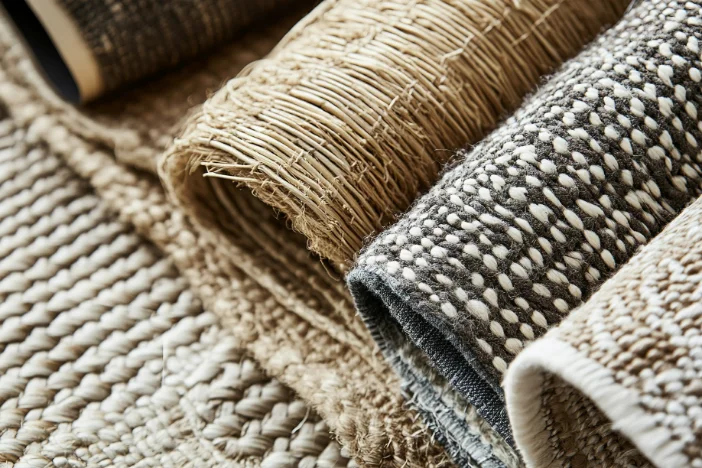 Close-up of neutral colored rolled up outdoor rugs