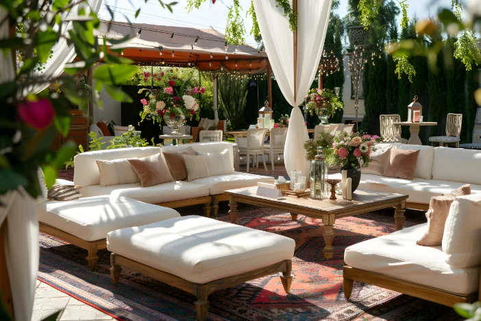 Spacious lounge seating set with white upholstery and coffee table on a large patterned outdoor rug on a shaded patio