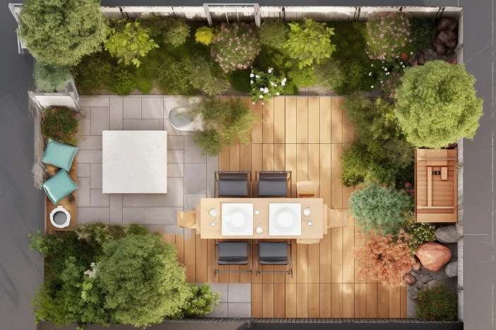 Overhead view of hardwood deck and patio with rectangular dining table and chairs