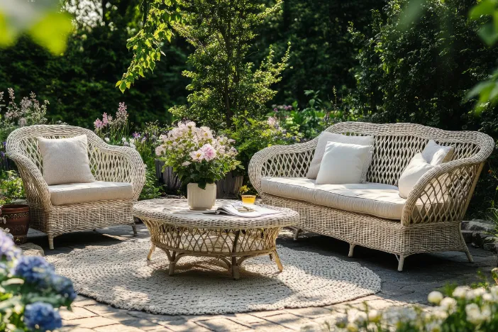 Beige wicker lounge set with cream cushions and pillows around a matching loose weave outdoor rug on a lush patio