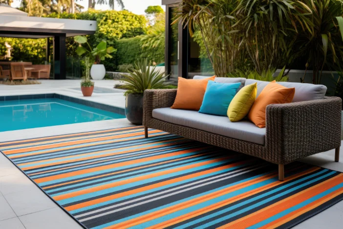 Brown wicker sofa with pillows on an orange, teal and navy blue striped outdoor rug next to a swimming pool