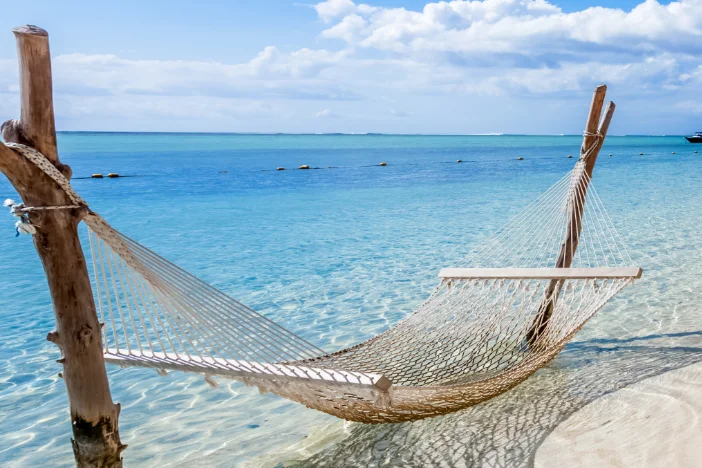 Fish net hammock hanging between tree limbs embedded in the sand at the waters edge of a sandy beach