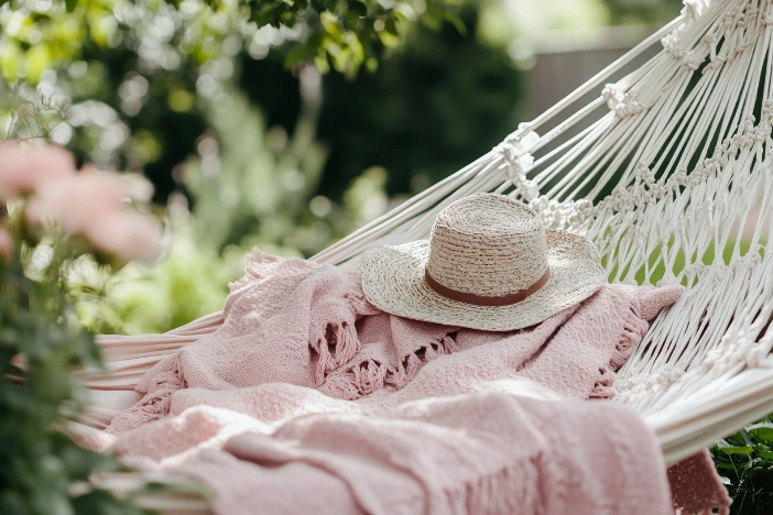 White macrame hammock with soft pick blanket and beige hat nestled among flowers in a garden