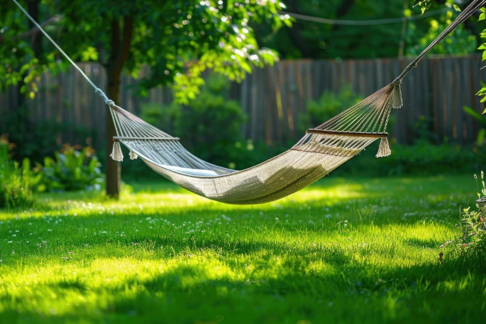 Beige woven hammock hanging between trees in a green backyard enclosed by a wooden fence