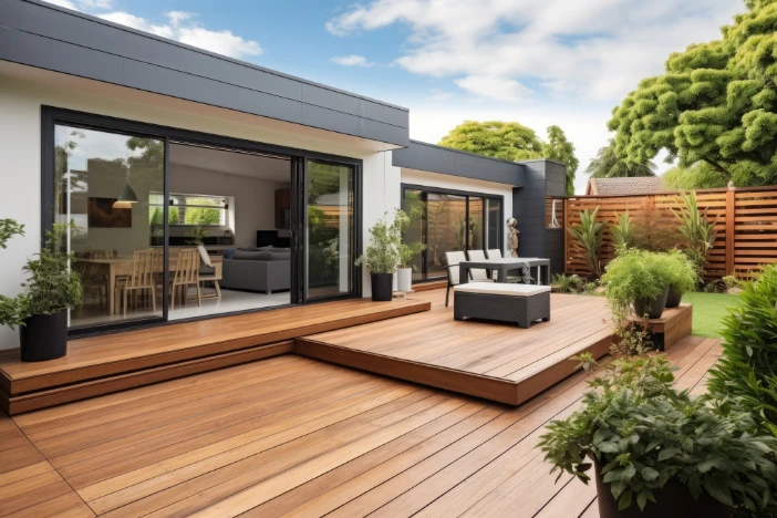 Spacious multi-level hardwood deck in a fenced backyard of a modern home