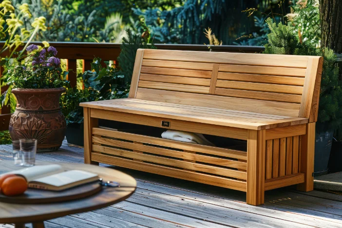 Hardwood outdoor bench with hidden storage underneath on a deck in a lush backyard