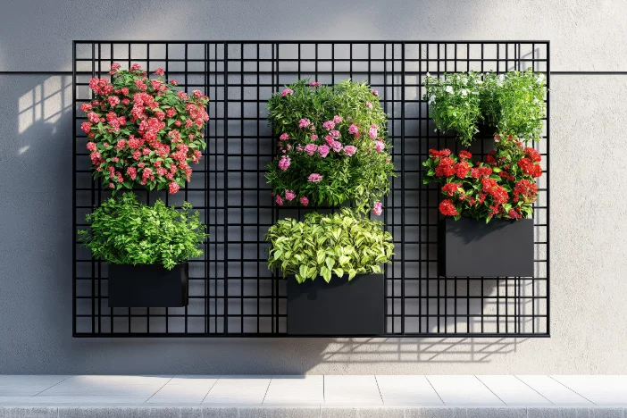 Wall-mounted trellis with hanging black planters with flowers