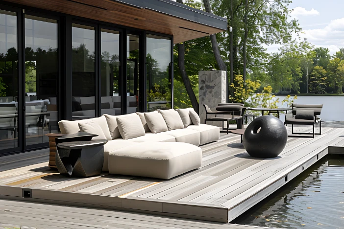 Lakeside deck with stone colored contemporary sectional and dining set