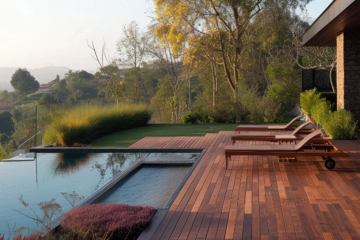 Modern deck with t=wooden sunloungers overlooking an infinity pool on a hillside