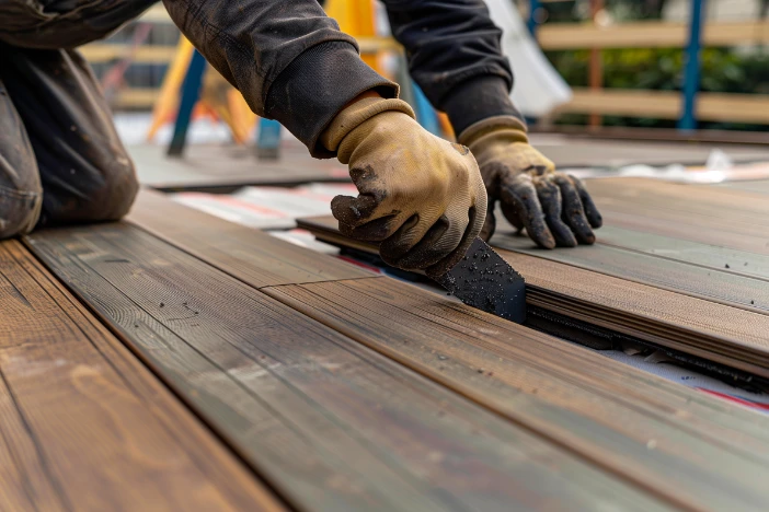 Detailed view of someone in tan gloves installing a composite wood deck with a warm grain look