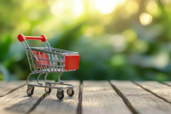 Detailed view of hardwood deck planks with a small shopping cart with red accents