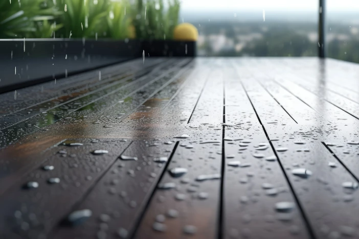 Low angle close-up of a deck with beads of water during a rainstorm