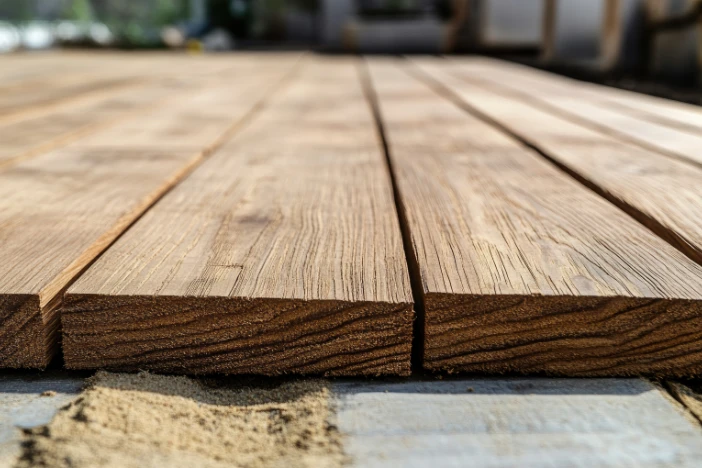 Extreme close-up side view of hardwood boards of a deck