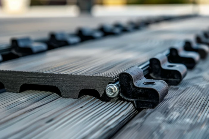 Close-up side view of dark grey PVC deck boards and interlocking mechanisms