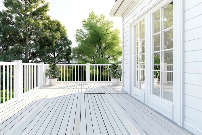 Wraparound white composite wood deck with fencing overlooking a wooded backyard