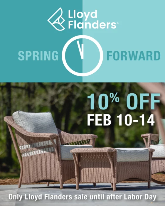 Brown wicker lounge chair and ottoman with Lloyd Flanders 10% off sale messaging