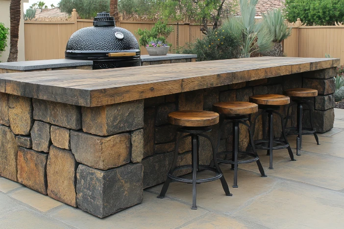 Four blackened steel low stools with round wooden seats tucked under a stone and wood patio island counter