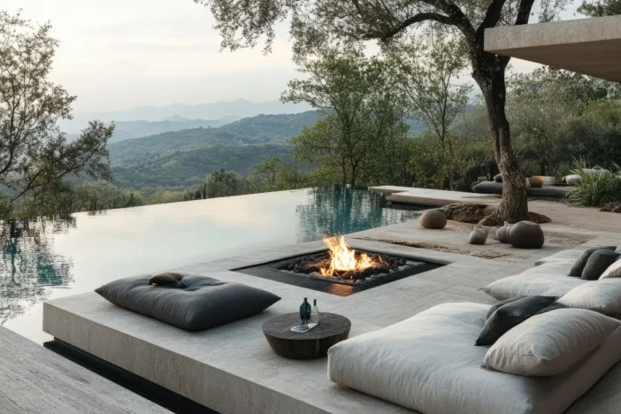 Recessed square fire pit on a modern pool deck amid large seat cushions