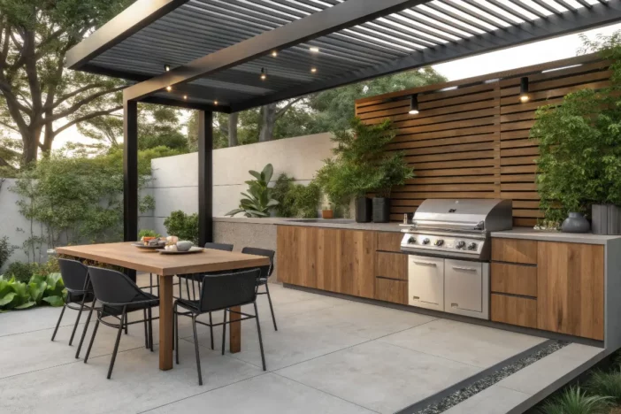 Outdoor dining set and built-in grill on pergola covered patio