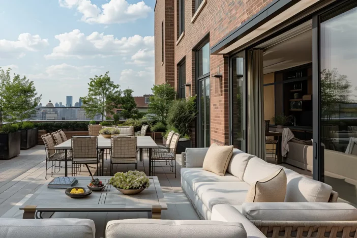 Outdoor lounge and dining furniture on an urban terrace