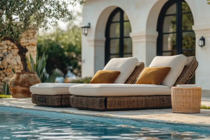 Reclining wicker upholstered sun loungers next to a tile swimming pool