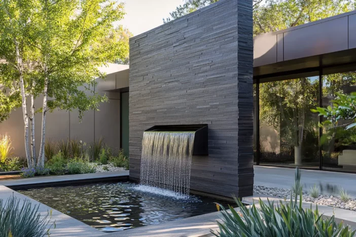 Isolated slate accent wall with waterfall flowing into a small pool