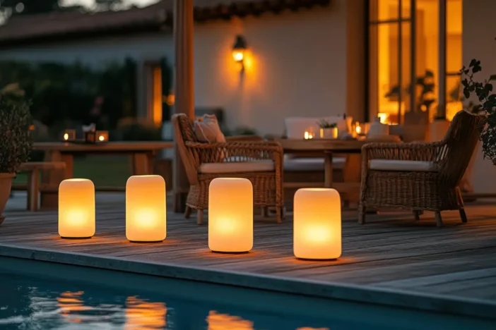 Glowing minimalist outdoor lamps on a poolside hardwood deck at night